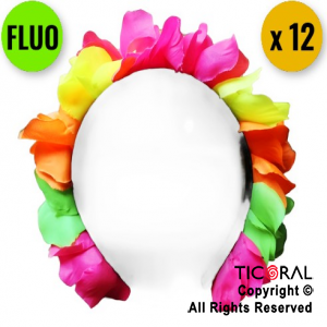 VINCHA HAWAIANA CON FLORES DE TELA MULTICOLOR FLUO x 12 UNIDADES